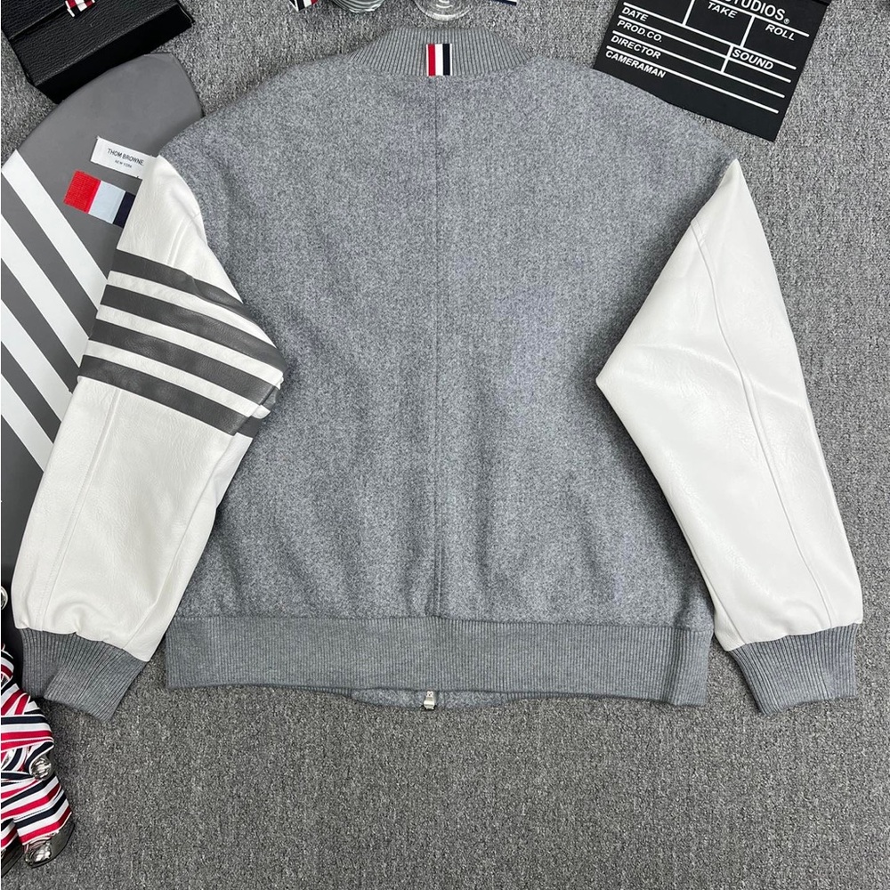 Thom Browne Gray Wool Bomber Jacket with White Leather Sleeves - Picture 2 of 11
